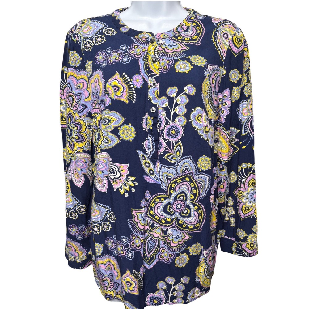 TALBOTS Navy Blue Paisley Henley Long Sleeve Blouse Sz M Boho Coastal Officewear